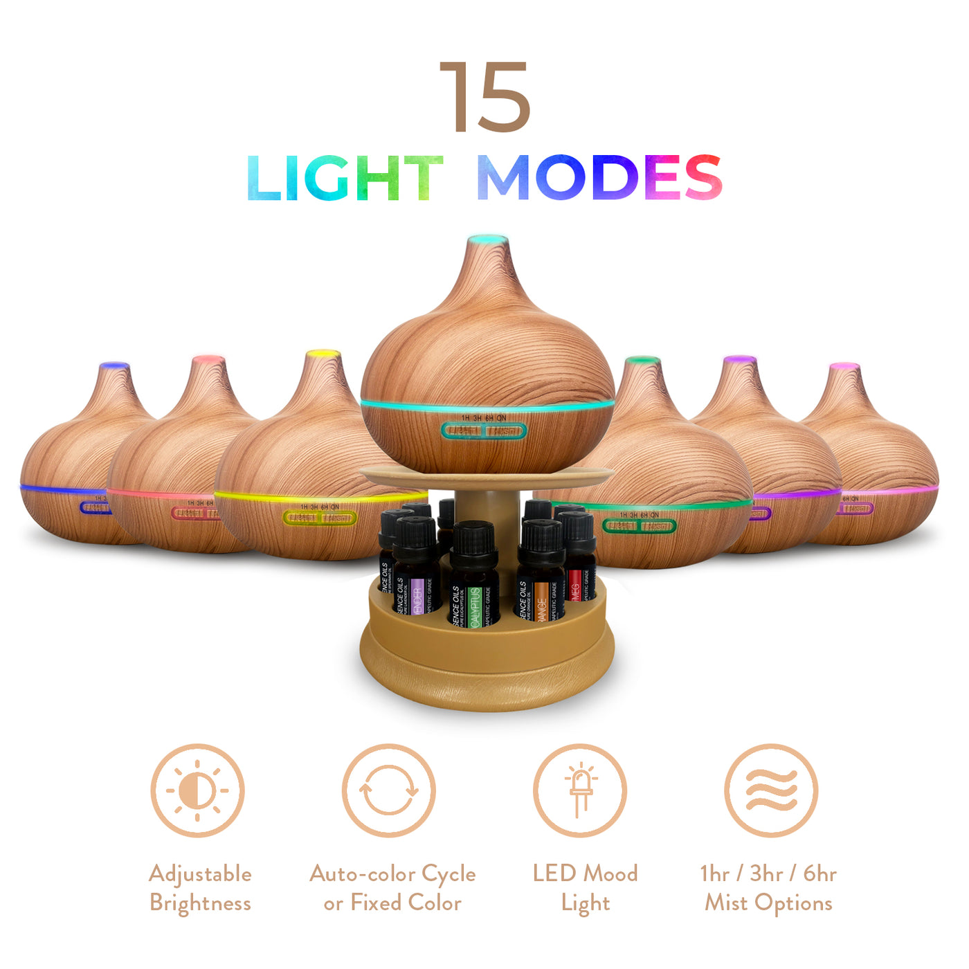 Ultimate Aromatherapy Diffuser & 10pc Essential Oil Set with Stand - Light Wood